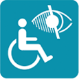 Image of a person in a wheelchair with visibility options icon